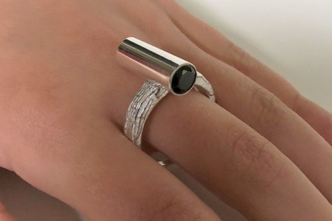 Black Telescope Ring - Cuttlebone Cast Silver Ring with Black Spinel Cabochons