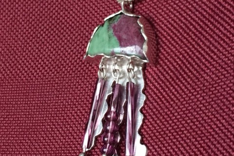 One-of-a-kind 925 pendant with ruby zoisite cabochon and dangling glass pendants