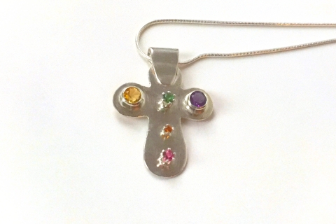 Cross Sterling Silver Pendent with Citrine, Amethyst and Turmalines