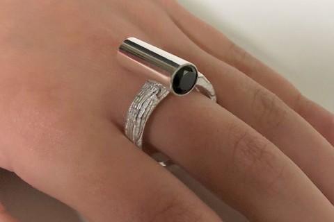Cuttlebone Cast Silver Ring with Black Spinel Cabochons